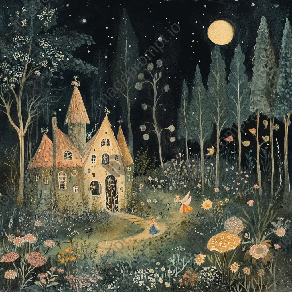 Whimsical fairy garden illuminated by moonlight in watercolor aesthetic - Image 2