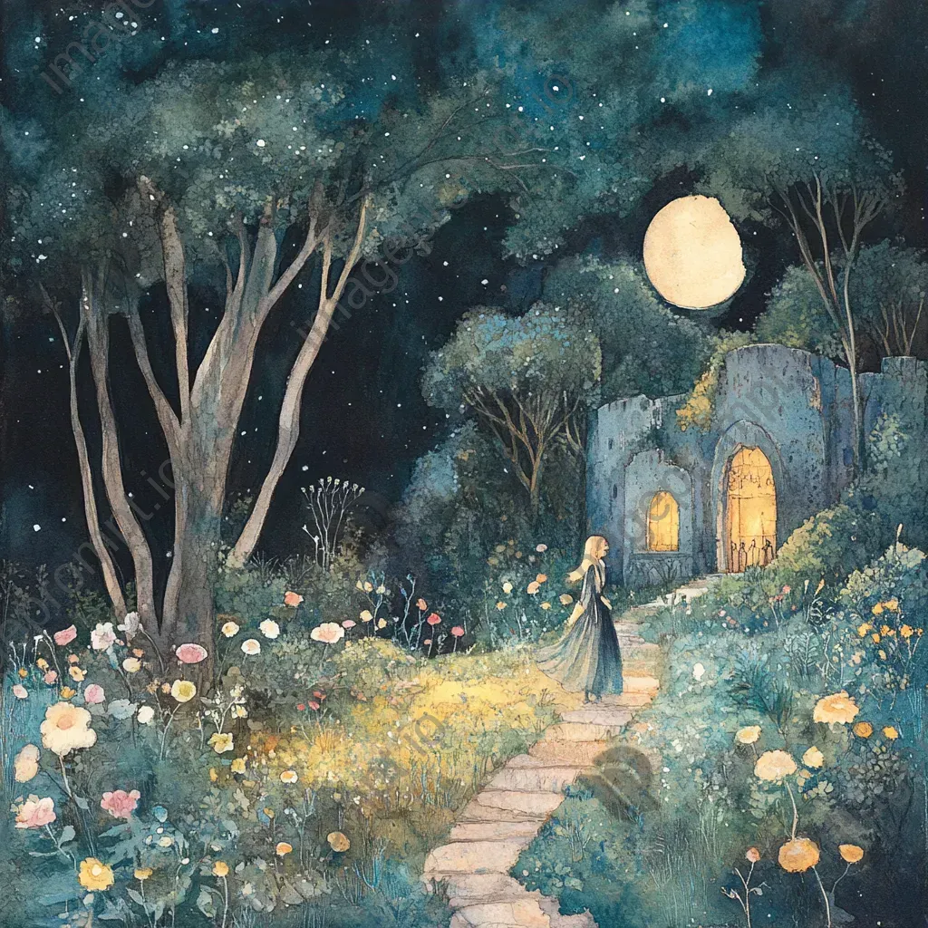 Whimsical fairy garden illuminated by moonlight in watercolor aesthetic - Image 3