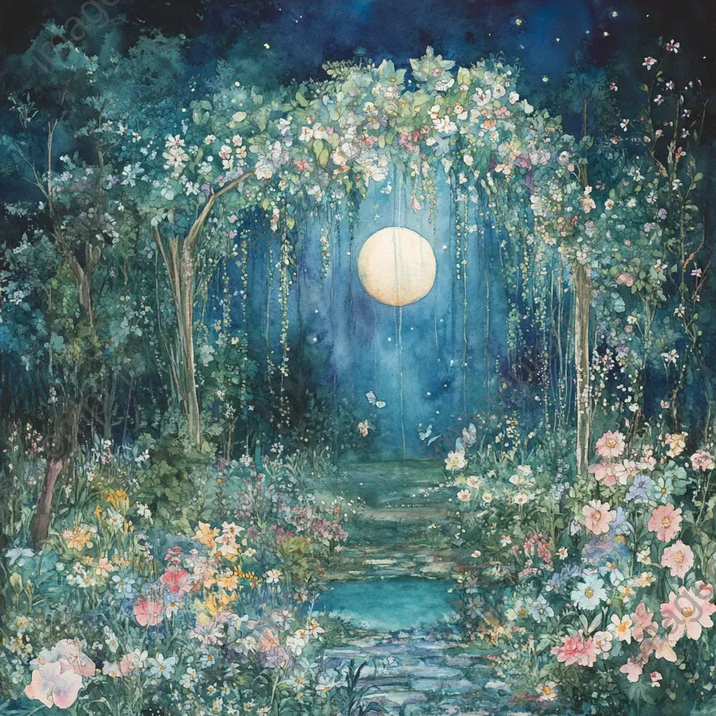 Whimsical fairy garden illuminated by moonlight in watercolor aesthetic - Image 4