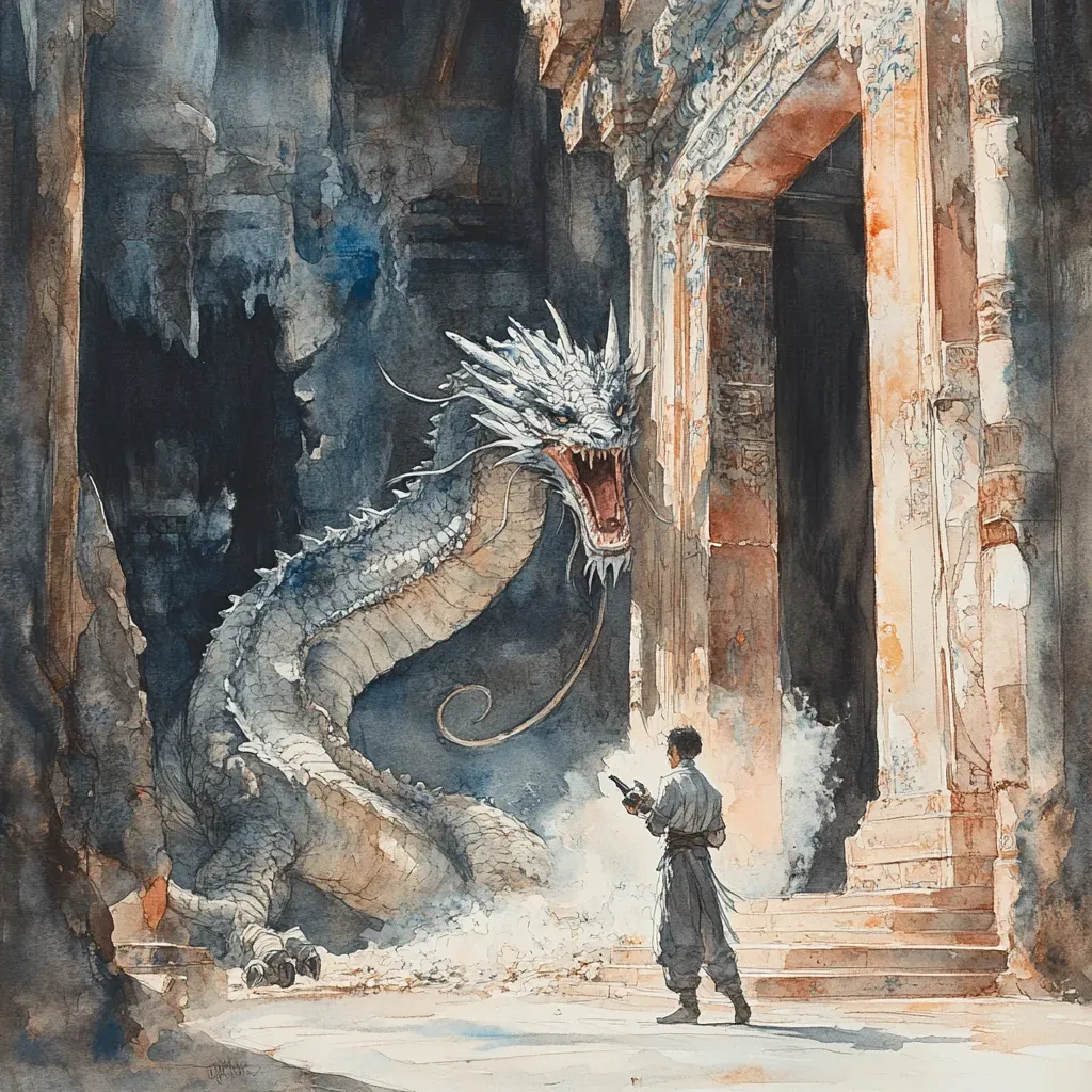 Watercolor painting of an explorer unearthing a sleeping dragon in an ancient temple - Image 2