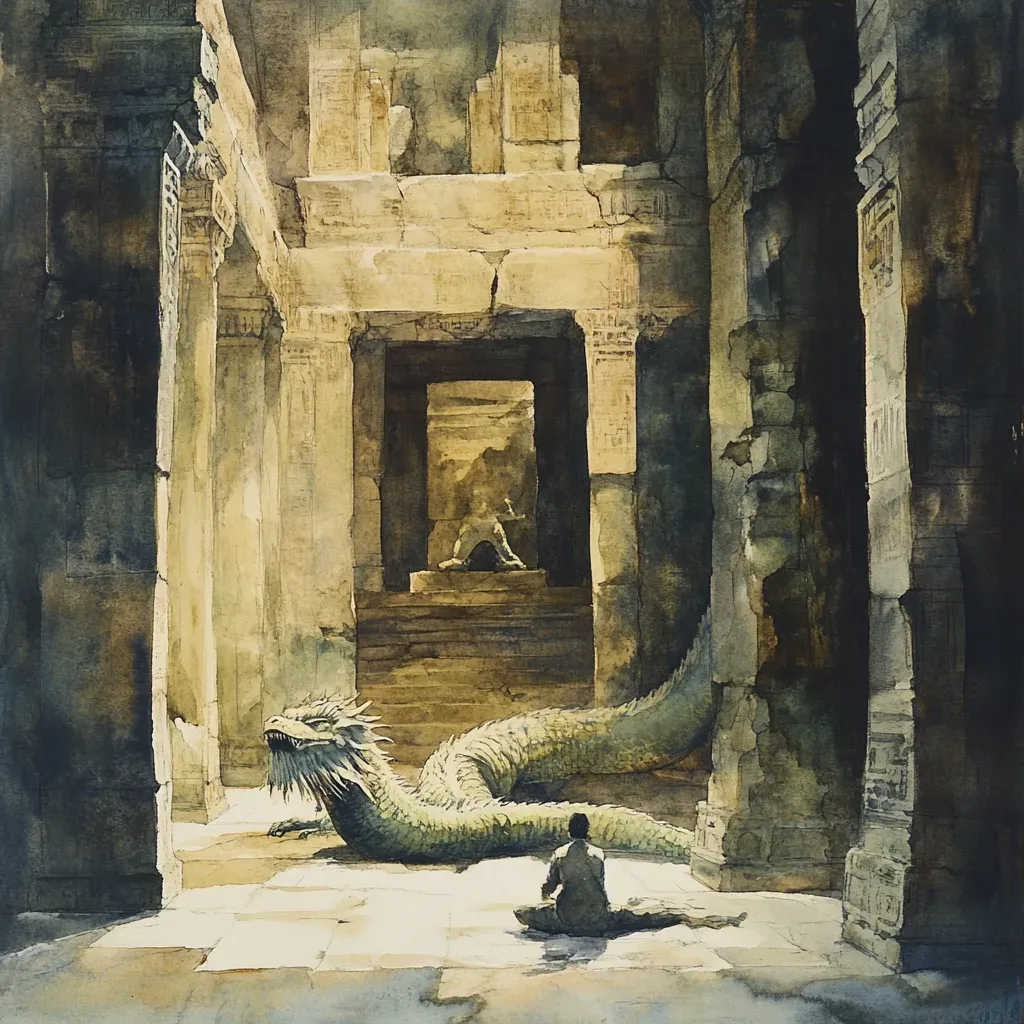 Watercolor painting of an explorer unearthing a sleeping dragon in an ancient temple - Image 3