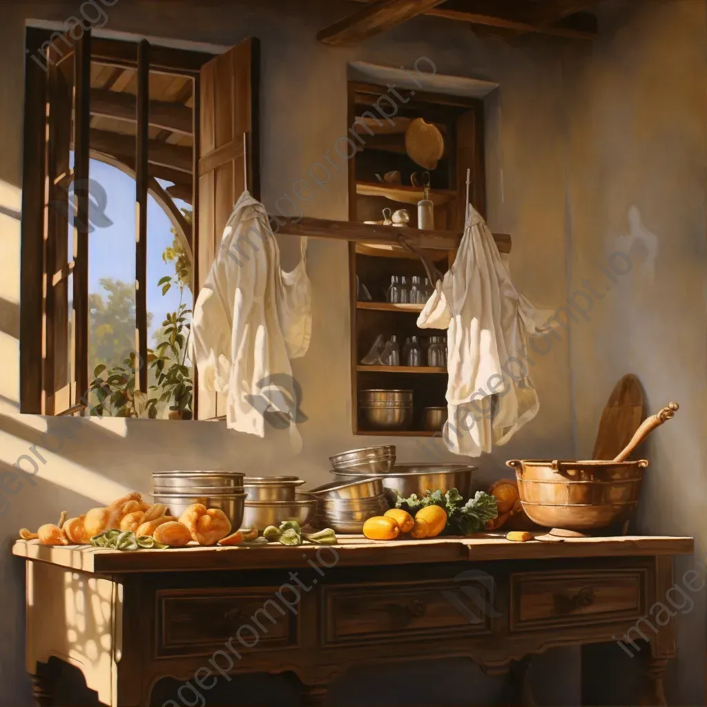 Oil painting of a traditional Italian kitchen with homemade pasta - Image 1