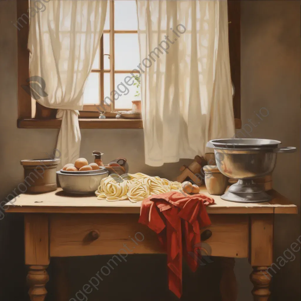 Oil painting of a traditional Italian kitchen with homemade pasta - Image 3