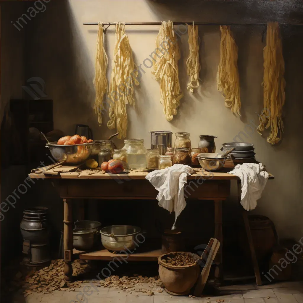 Oil painting of a traditional Italian kitchen with homemade pasta - Image 4