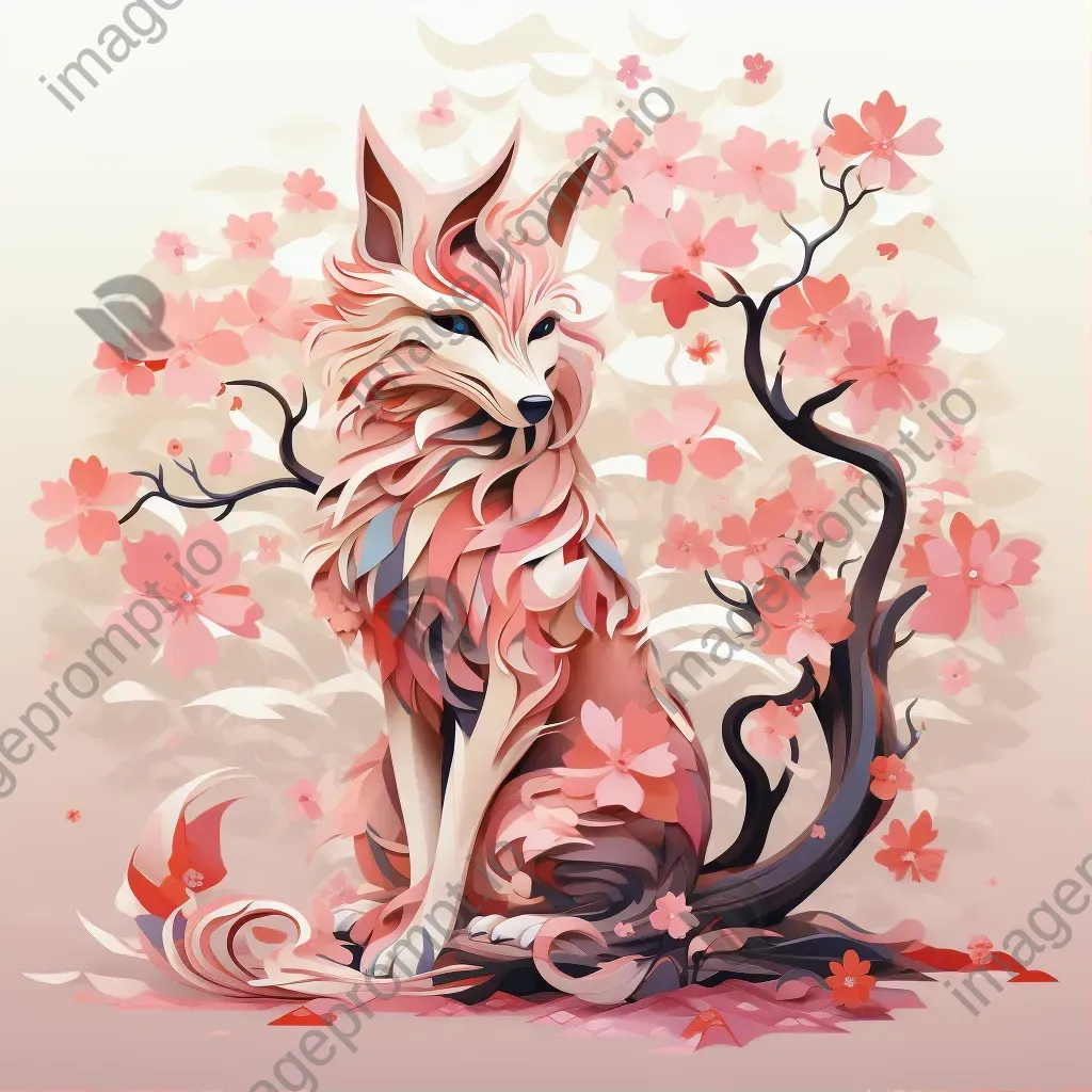 Low poly Kitsune under a beautifully blooming sakura tree - Image 1