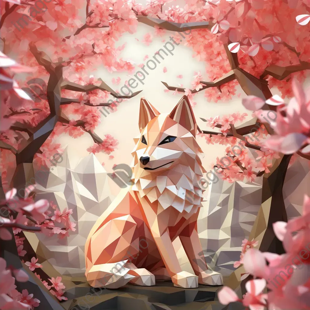 Low poly Kitsune under a beautifully blooming sakura tree - Image 2