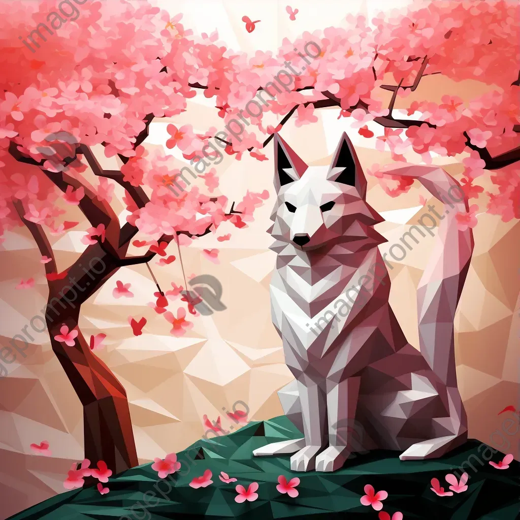 Low poly Kitsune under a beautifully blooming sakura tree - Image 3