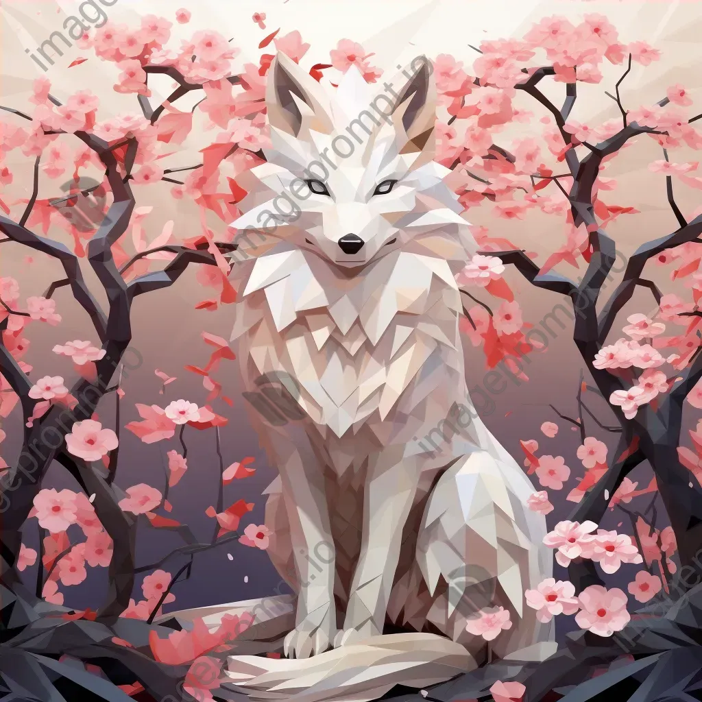 Low poly Kitsune under a beautifully blooming sakura tree - Image 4