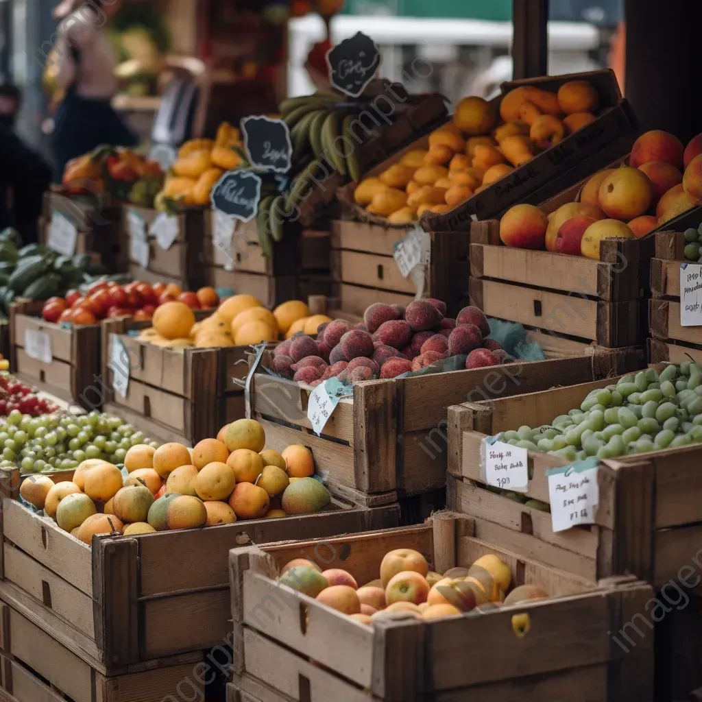 Top view of fresh fruits and vegetables on display at a market stall - Image 1