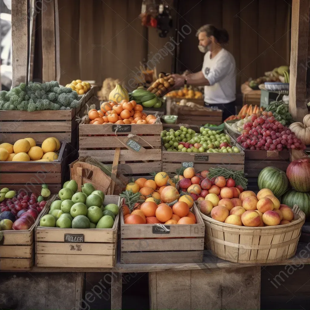 Top view of fresh fruits and vegetables on display at a market stall - Image 2