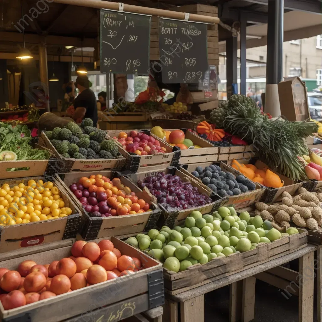 Top view of fresh fruits and vegetables on display at a market stall - Image 3