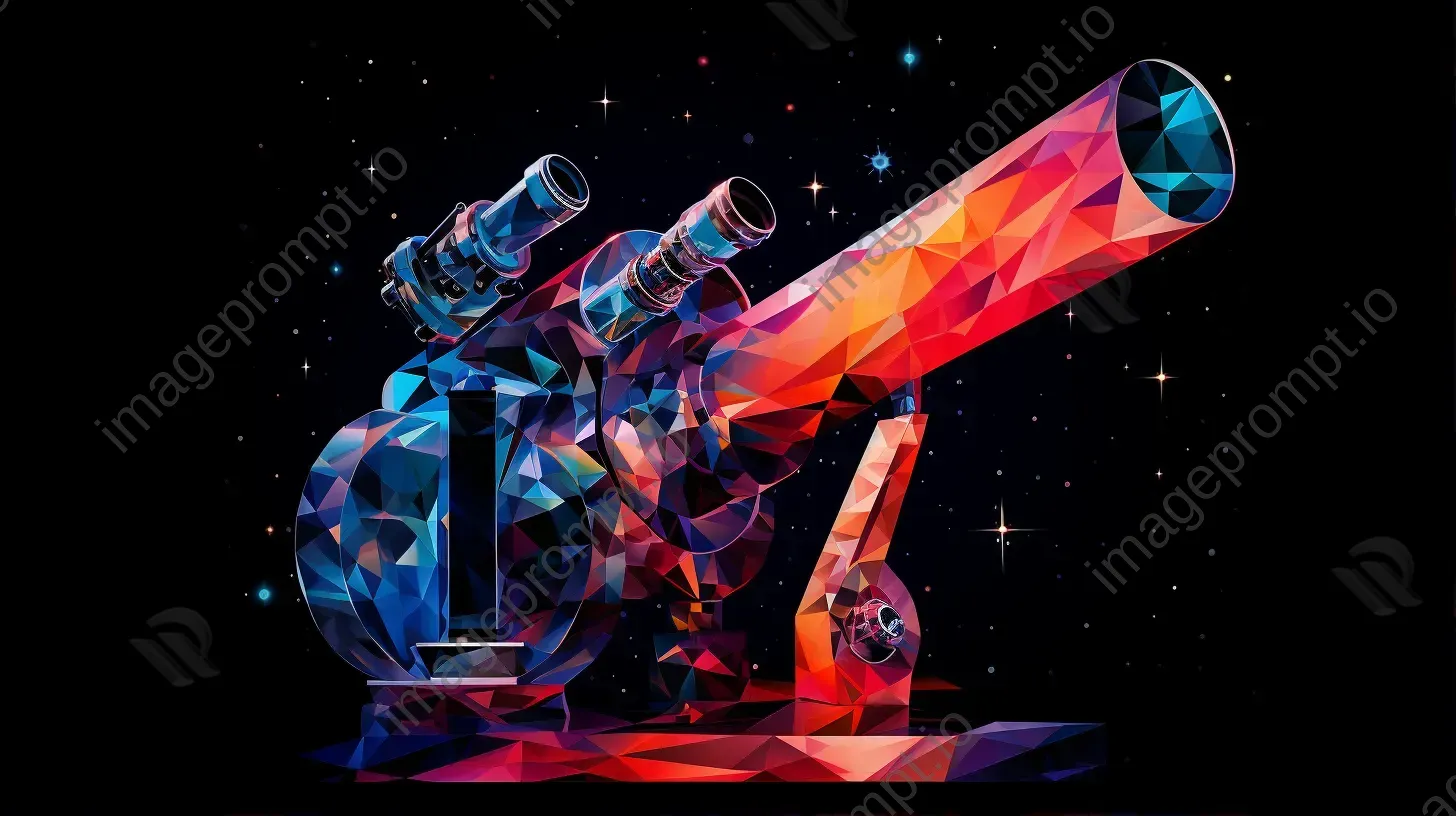 Low poly representation of galaxies through a telescope in vibrant tones inspired by Tony Duquette