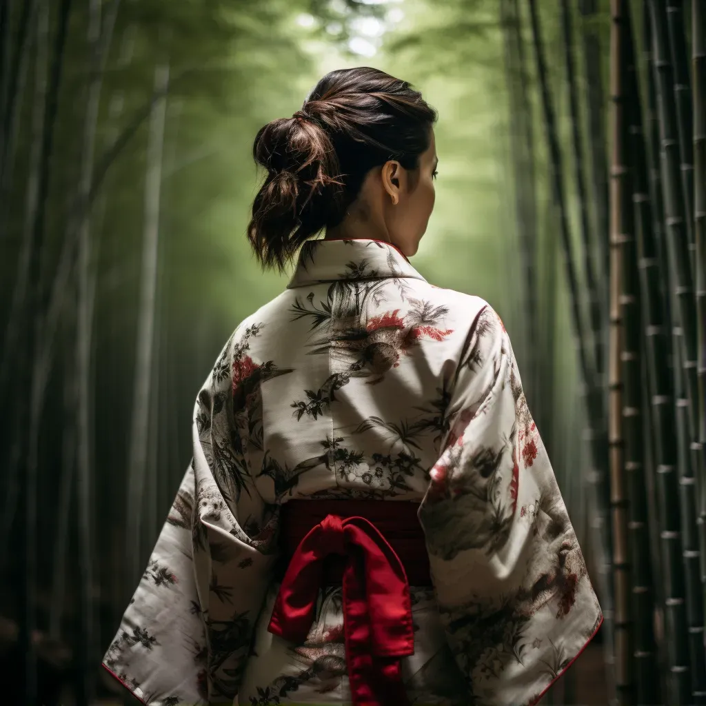 Japanese geisha in a bamboo forest wearing a kimono - Image 1