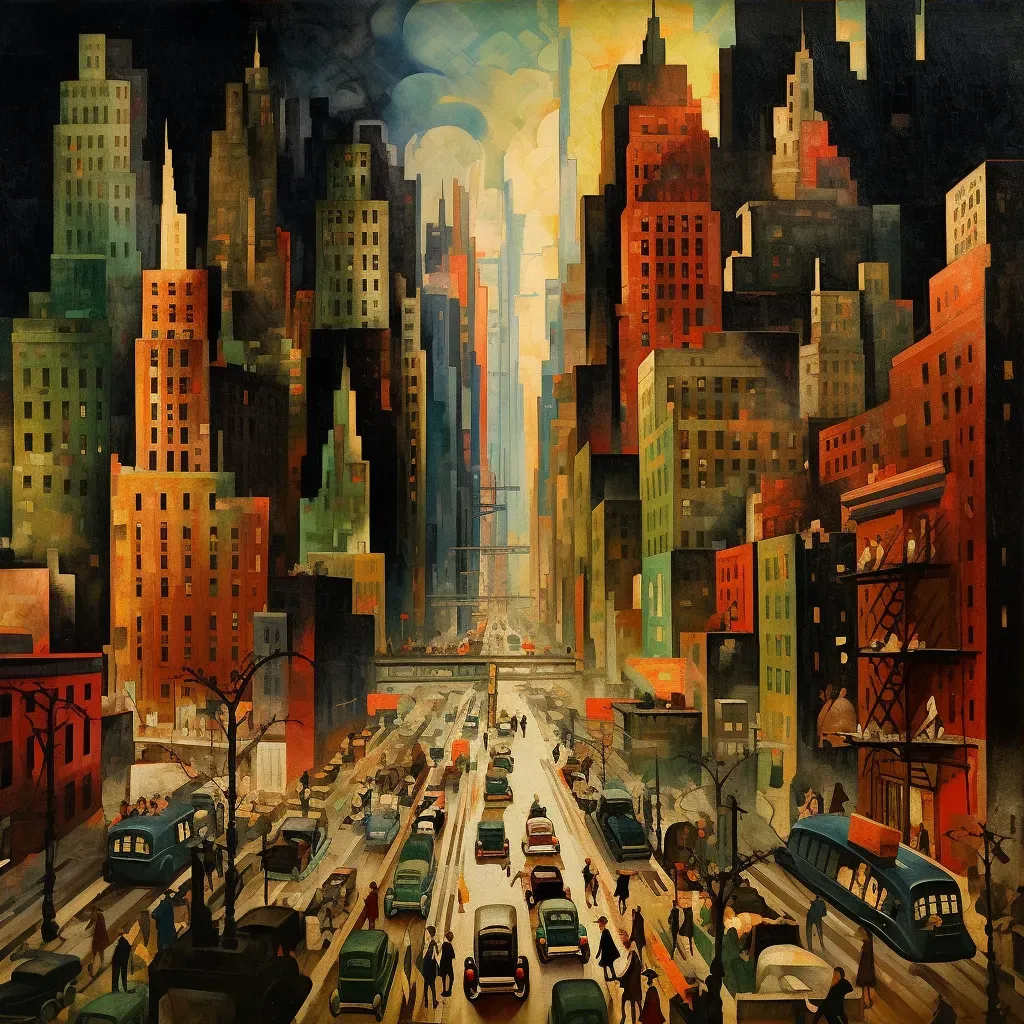 Vibrant cityscape painting with urban life movement - Image 3