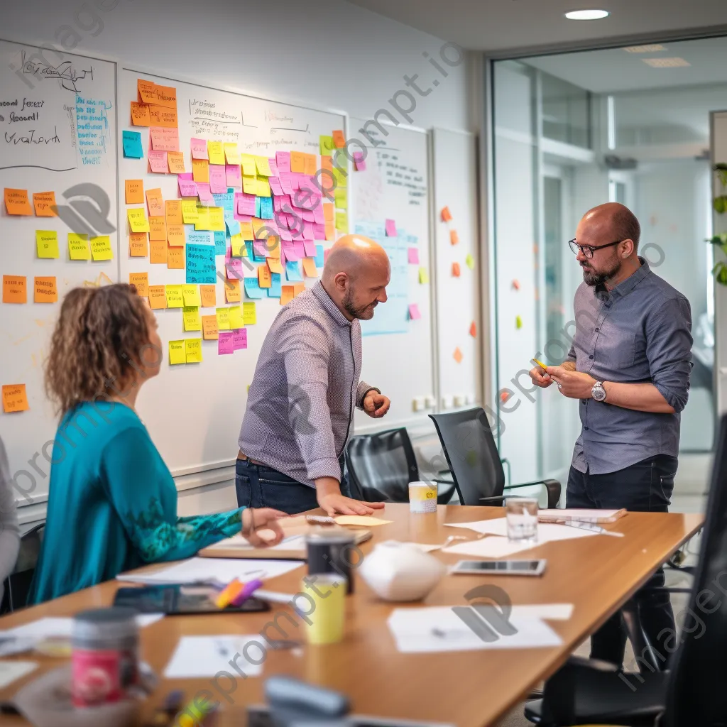 A creative team brainstorming in a conference room with sticky notes and a whiteboard. - Image 1