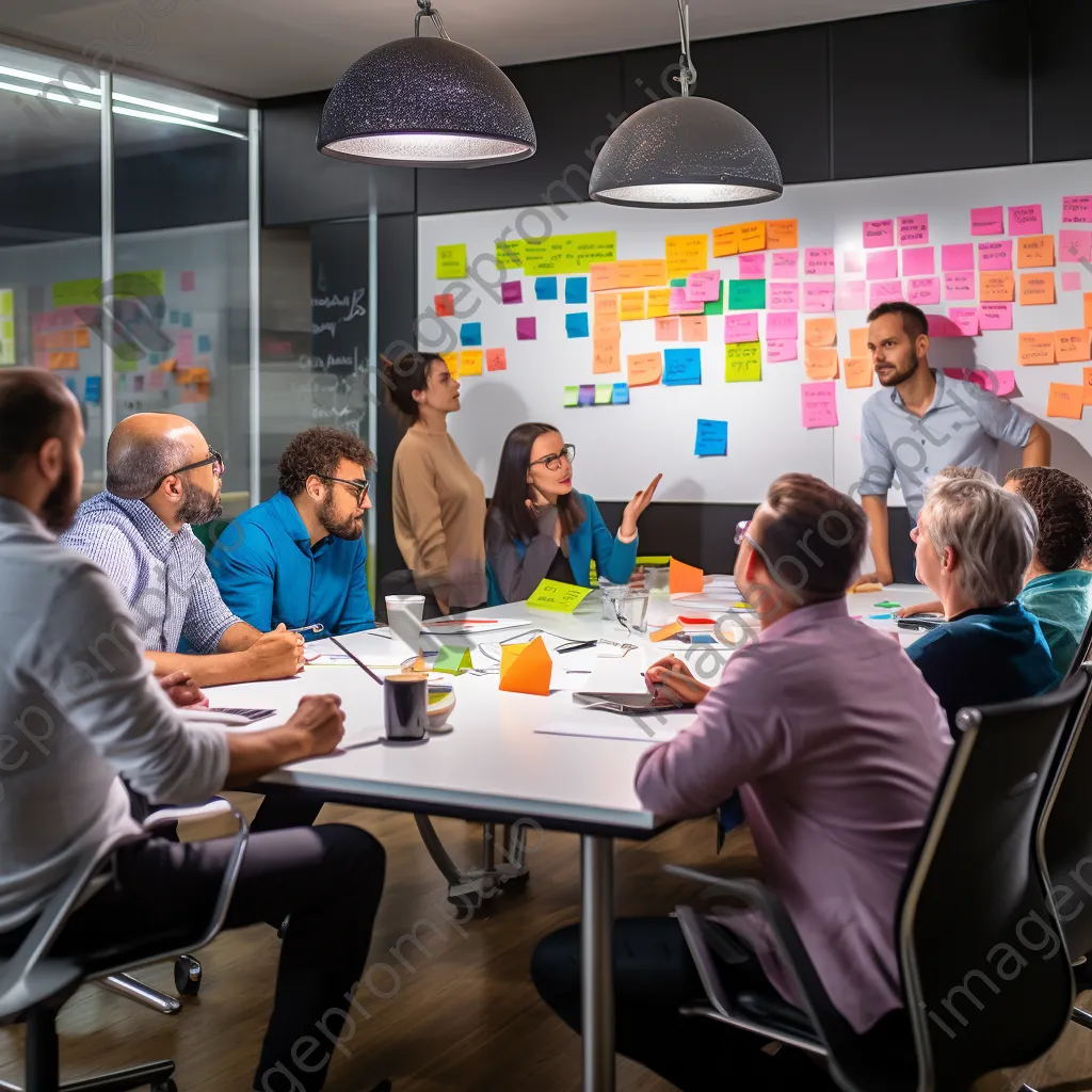 A creative team brainstorming in a conference room with sticky notes and a whiteboard. - Image 2