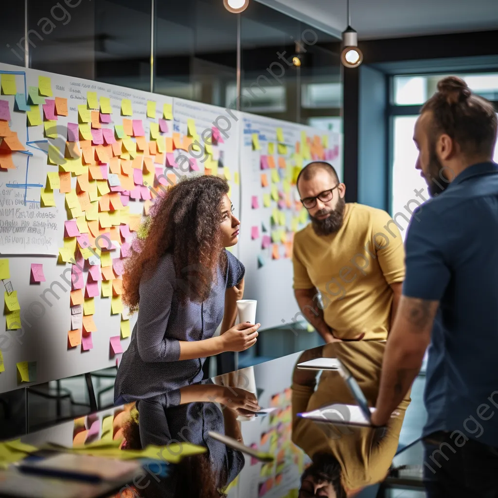 A creative team brainstorming in a conference room with sticky notes and a whiteboard. - Image 4