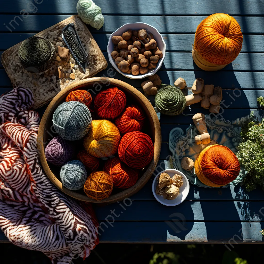 Organized patterns of traditional dyed wool on an outdoor table - Image 1