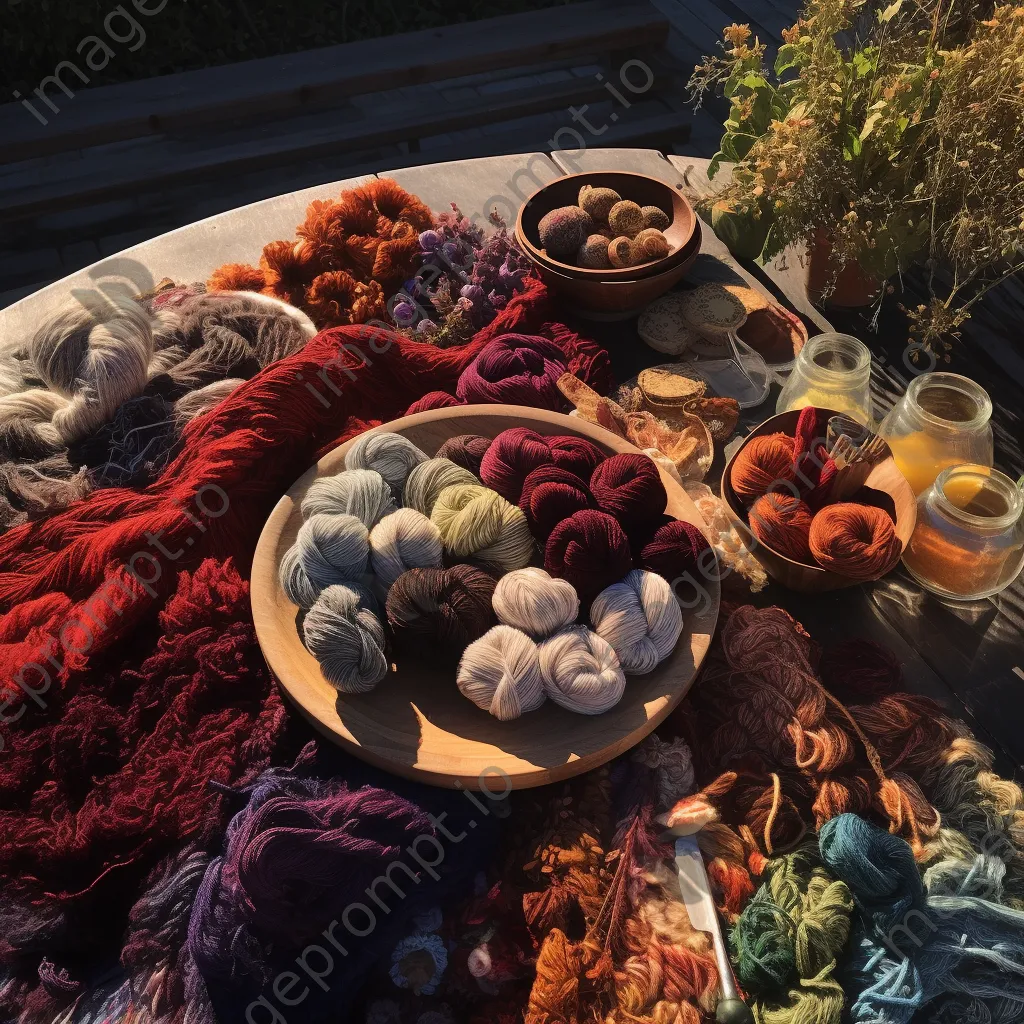 Organized patterns of traditional dyed wool on an outdoor table - Image 3