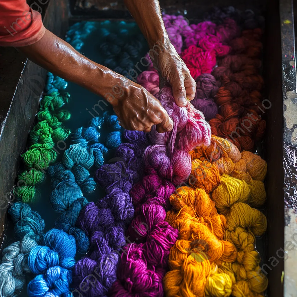 Artisan immersing wool skeins in vibrant dye bath - Image 1