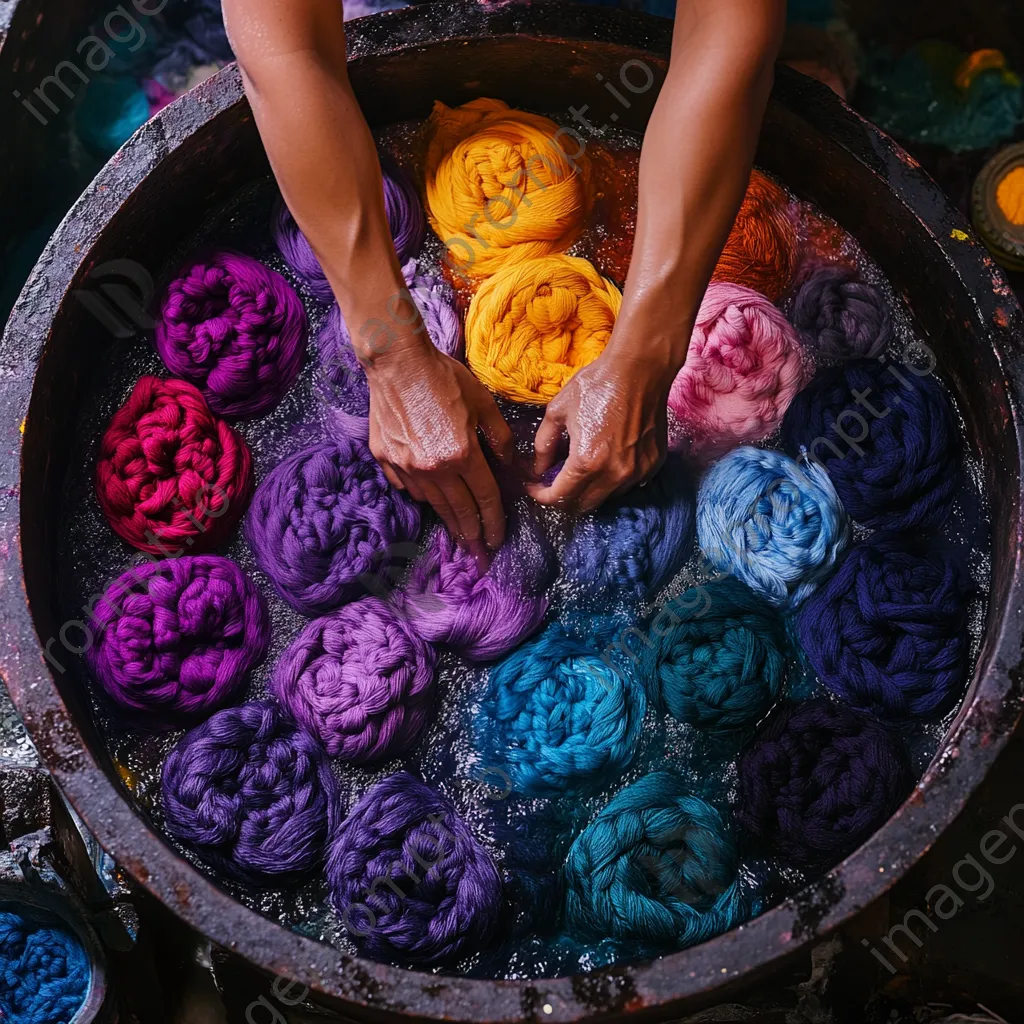 Artisan immersing wool skeins in vibrant dye bath - Image 2