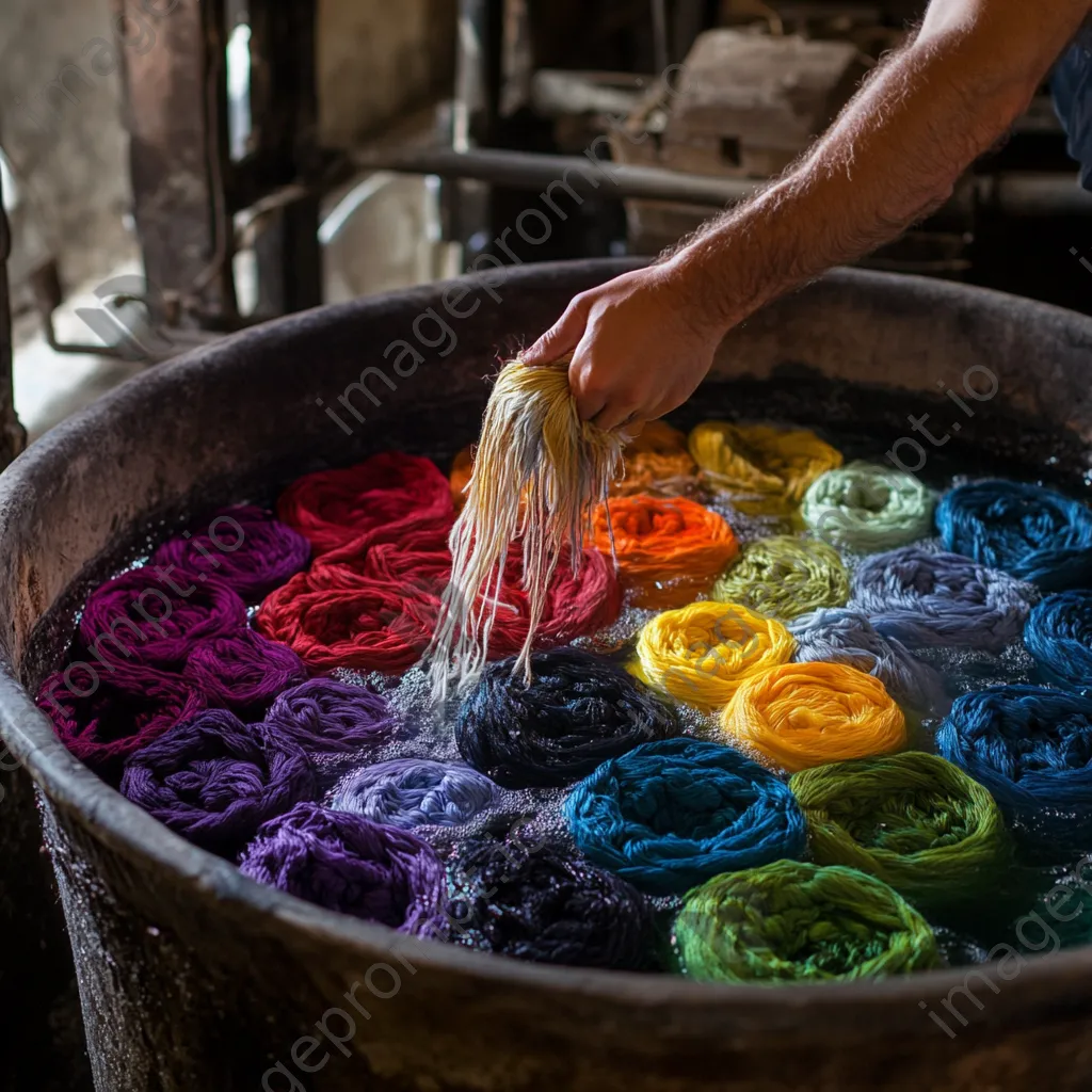 Artisan immersing wool skeins in vibrant dye bath - Image 3