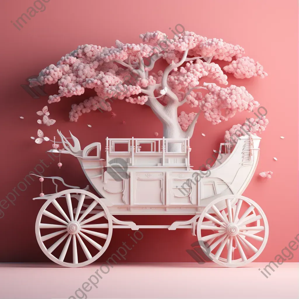 Low poly design of an antique carriage framed by cherry blossoms - Image 1