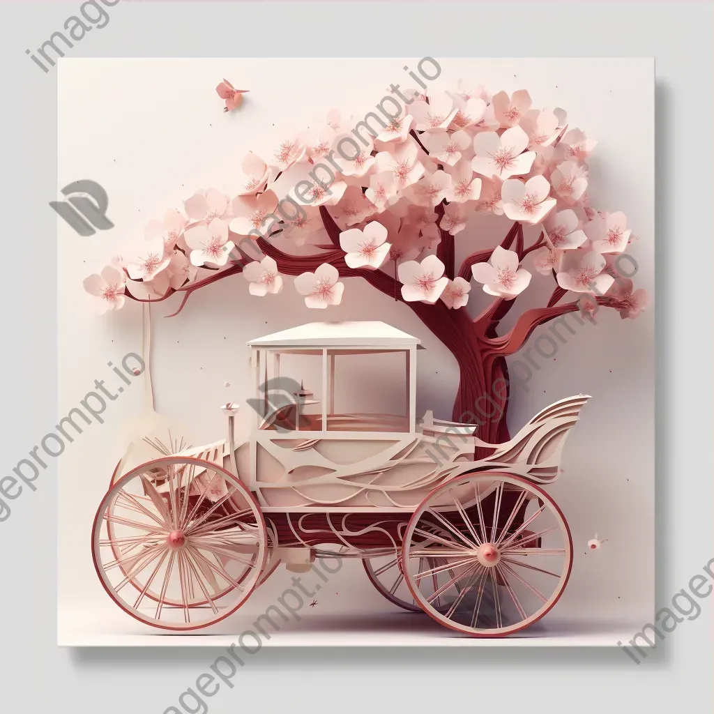 Low poly design of an antique carriage framed by cherry blossoms - Image 3