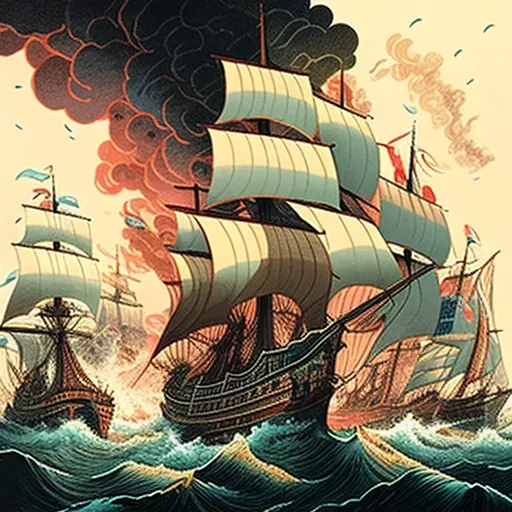 Dramatic naval battle with tall ships amidst churning seas and billowing smoke - Image 2