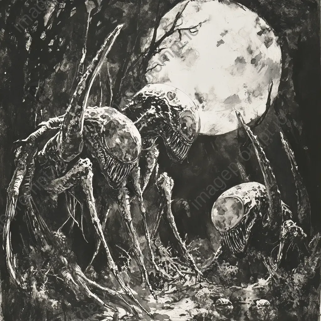 Ink wash depiction of grotesque creatures hidden in an undergrowth under moonlight - Image 1