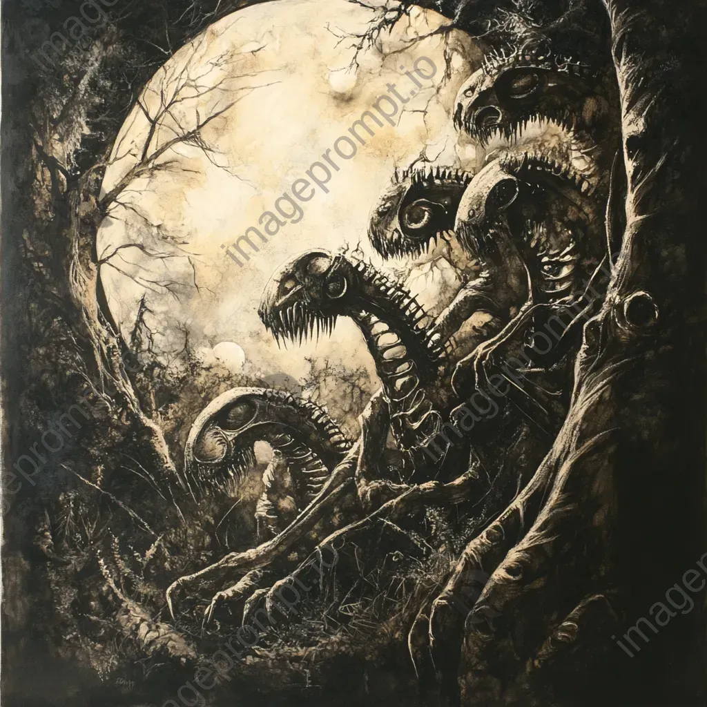 Ink wash depiction of grotesque creatures hidden in an undergrowth under moonlight - Image 2