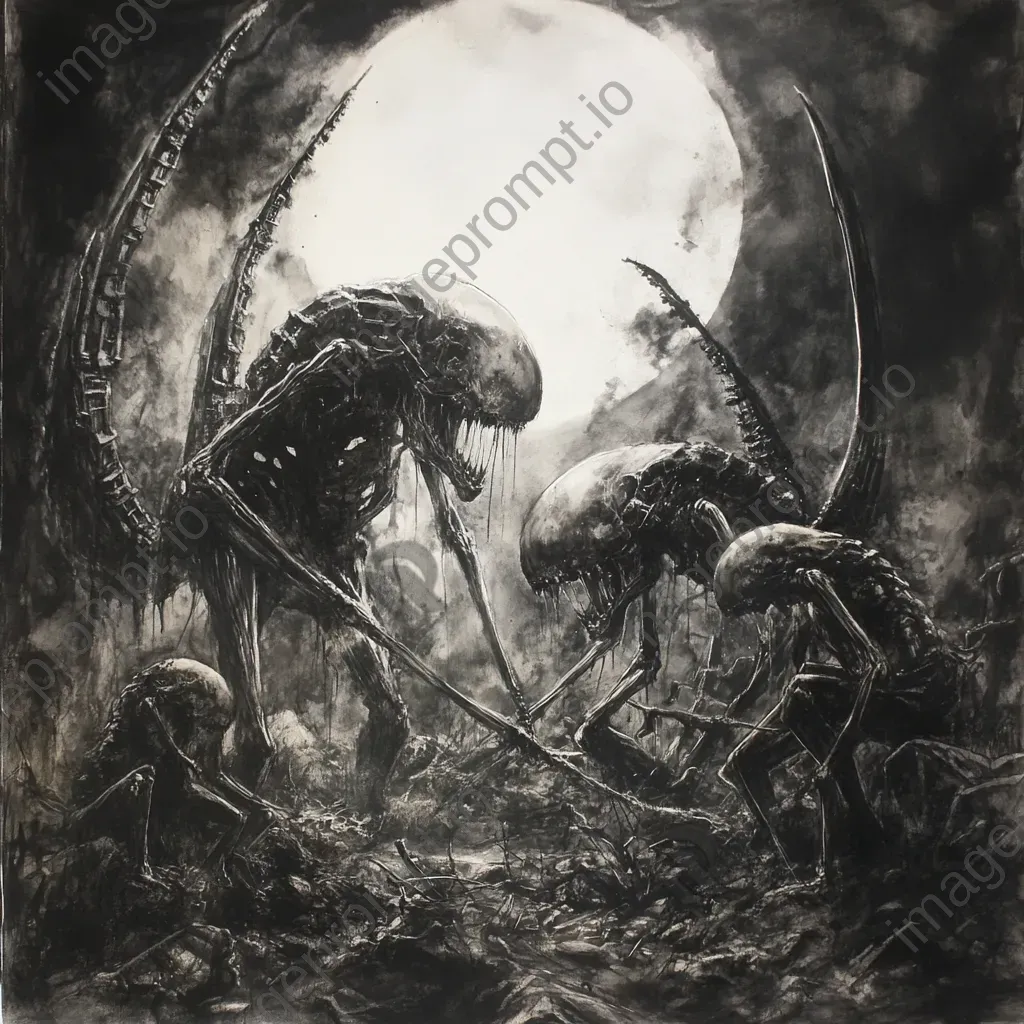 Ink wash depiction of grotesque creatures hidden in an undergrowth under moonlight - Image 3