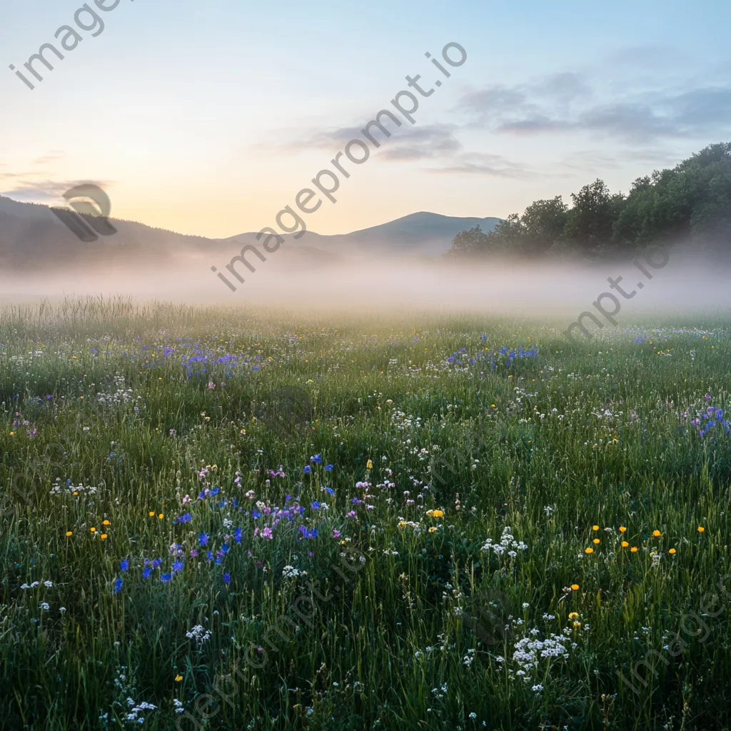 A fog-covered meadow with wildflowers at dawn - Image 1