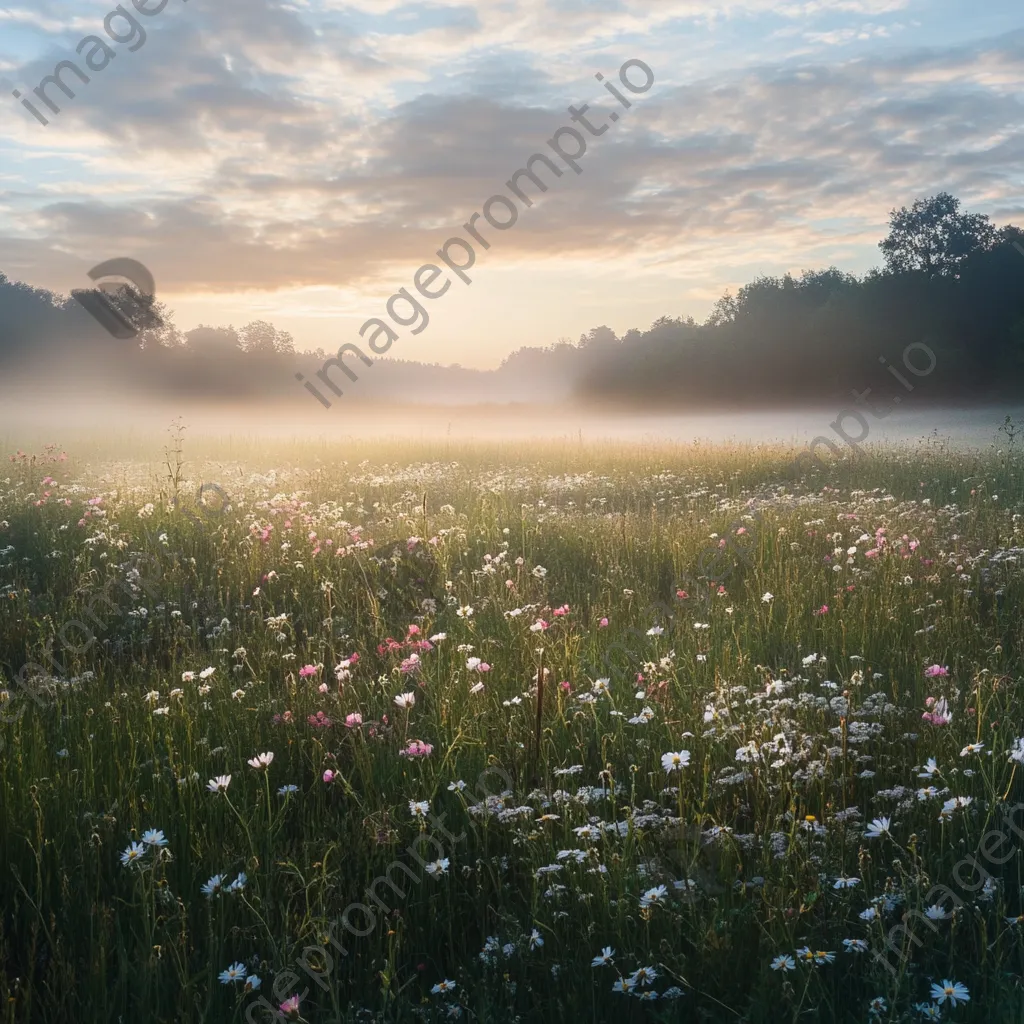 A fog-covered meadow with wildflowers at dawn - Image 2