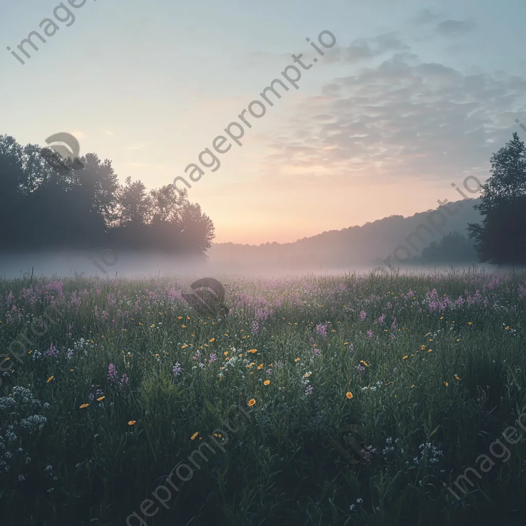 A fog-covered meadow with wildflowers at dawn - Image 3