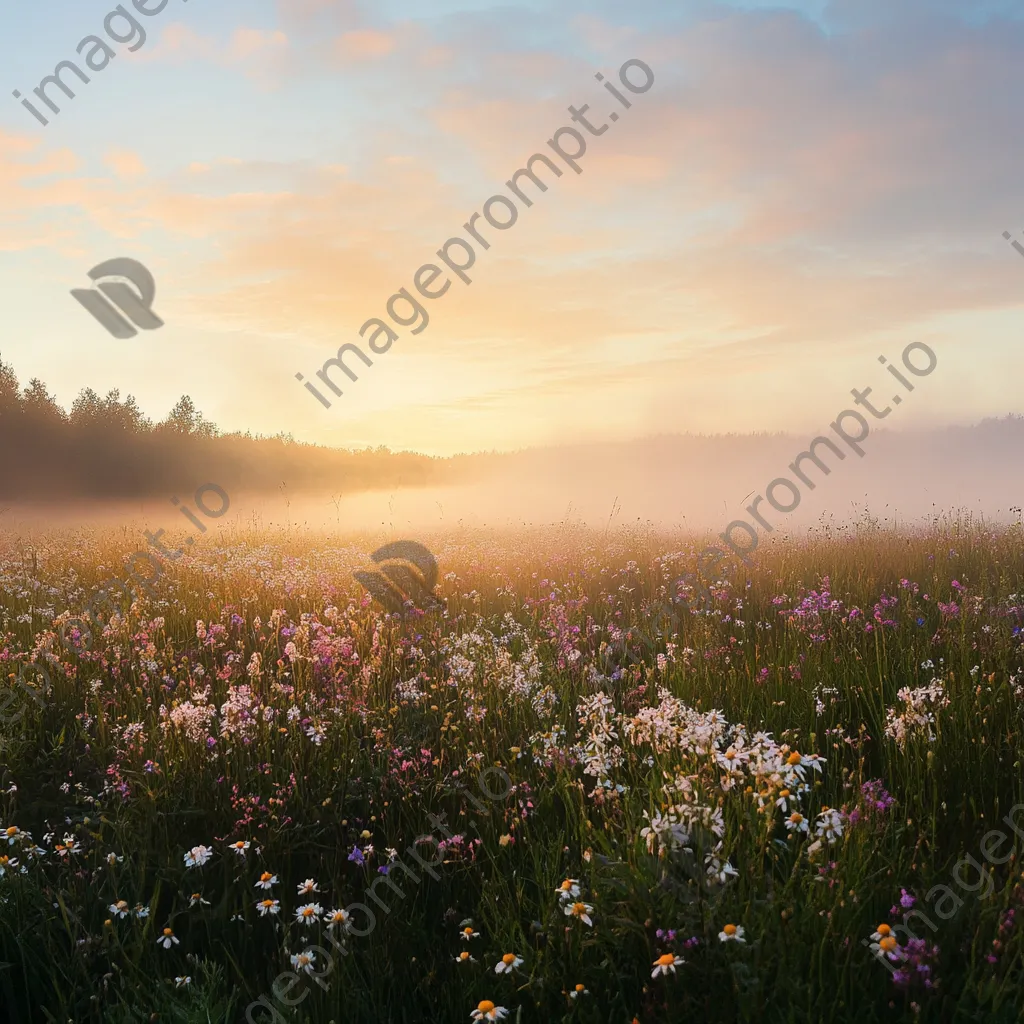 A fog-covered meadow with wildflowers at dawn - Image 4