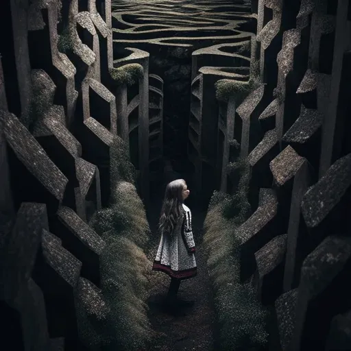 Young girl navigating through labyrinth of tall ancient stone walls - Image 1