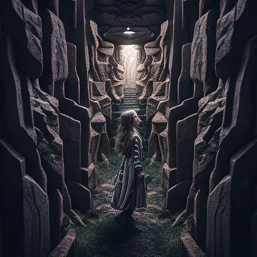 Young girl navigating through labyrinth of tall ancient stone walls - Image 2