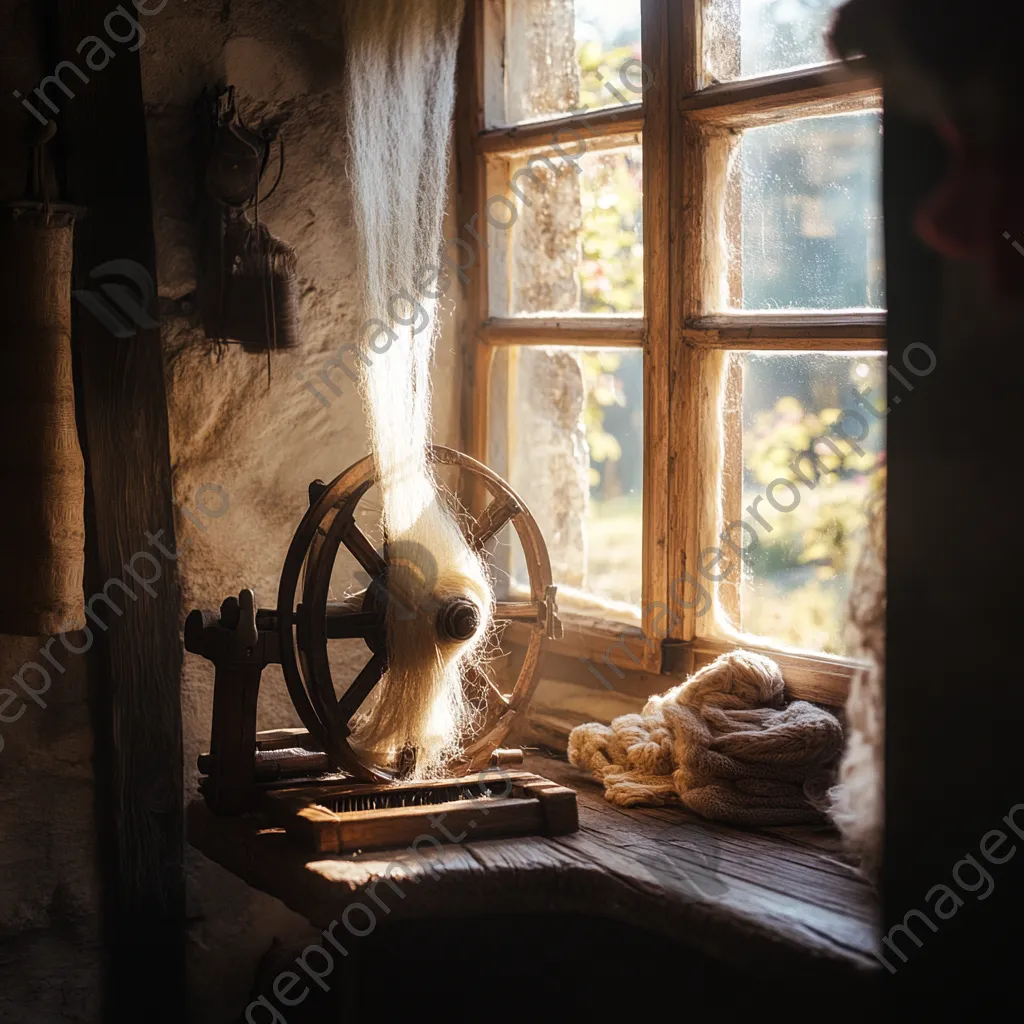 Spinning wheel transforming flax fibers into linen thread. - Image 1