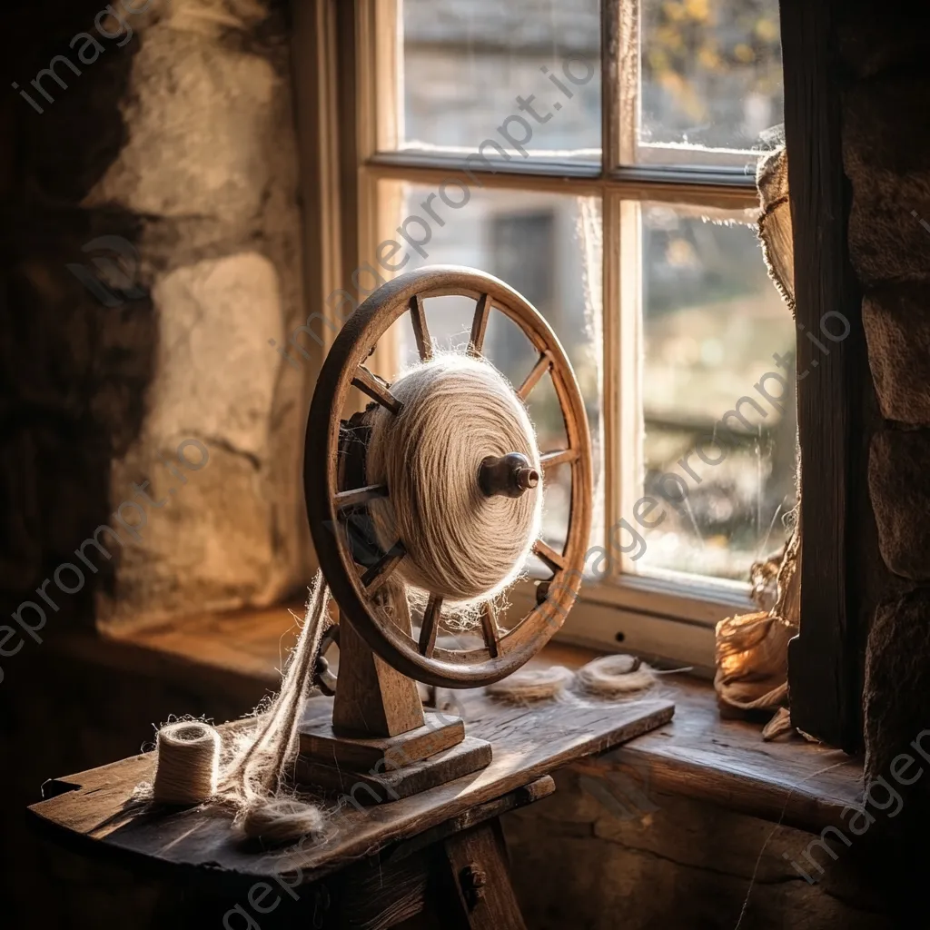 Spinning wheel transforming flax fibers into linen thread. - Image 2