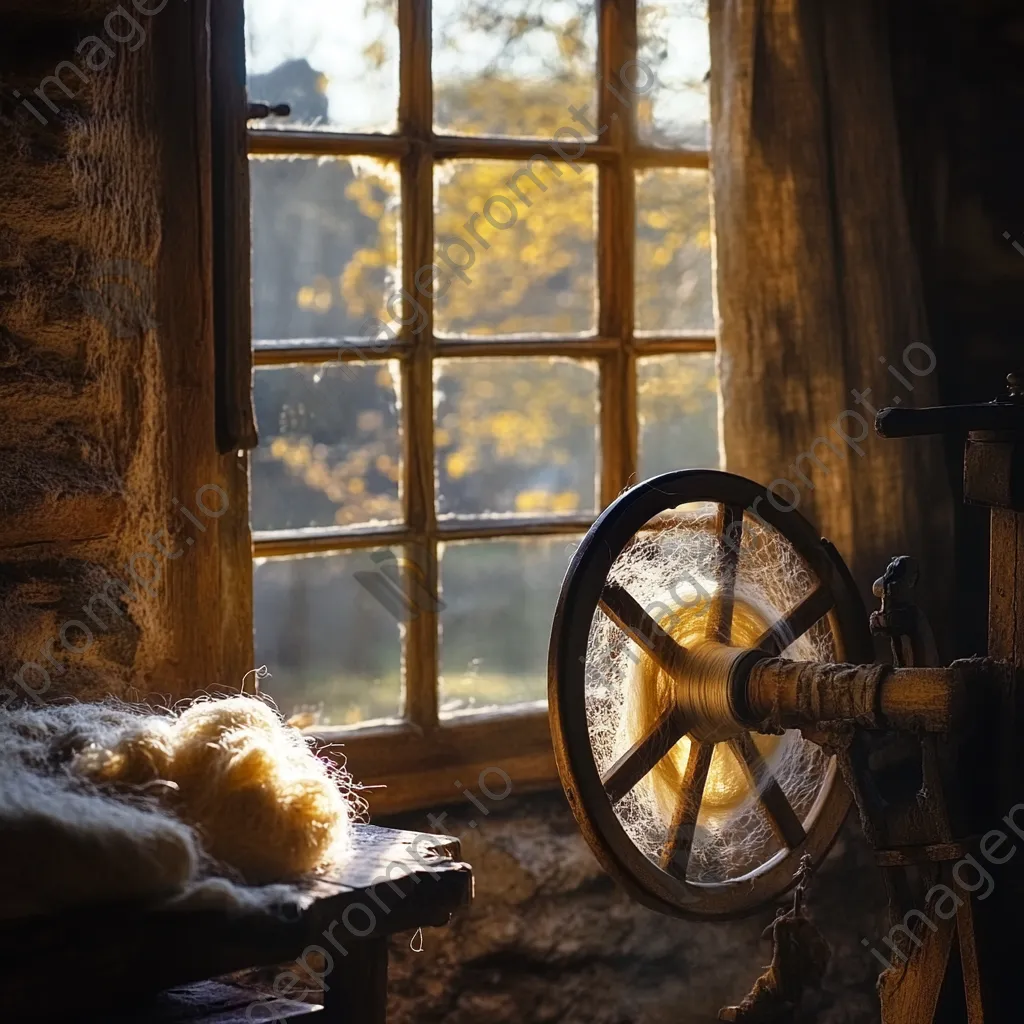 Spinning wheel transforming flax fibers into linen thread. - Image 3