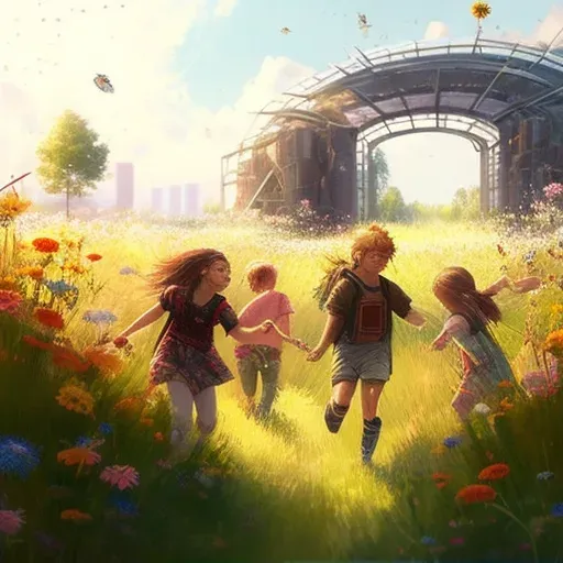 Image of children playing in field of wildflowers - Image 2