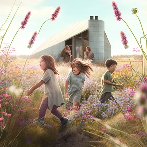 Image of children playing in field of wildflowers - Image 3