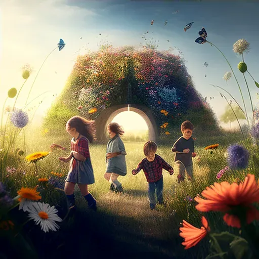 Image of children playing in field of wildflowers - Image 4