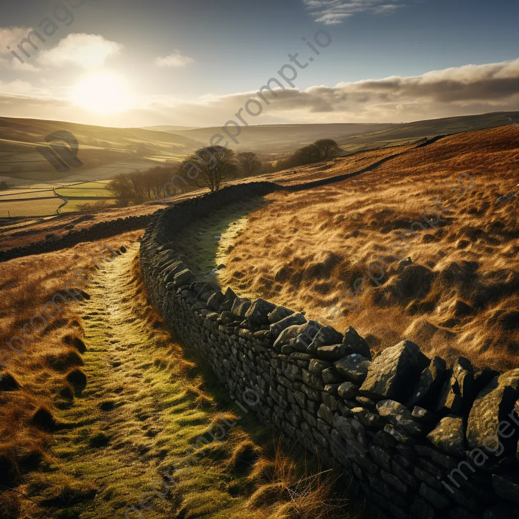 Panoramic view of a dry stone wall in rolling hills at sunset. - Image 1