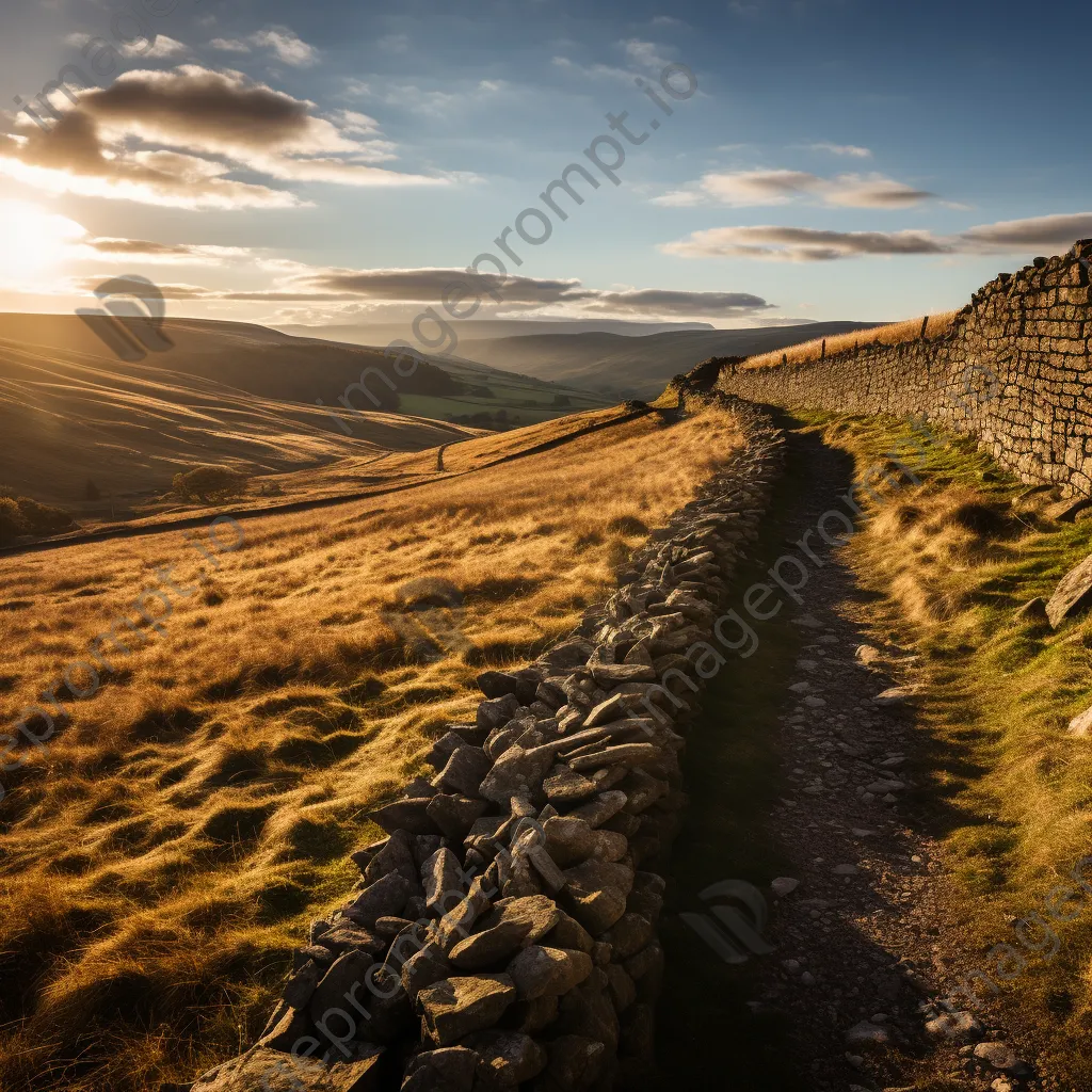 Panoramic view of a dry stone wall in rolling hills at sunset. - Image 2