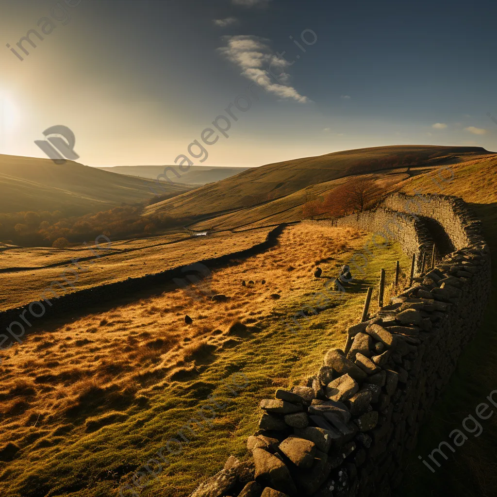 Panoramic view of a dry stone wall in rolling hills at sunset. - Image 3