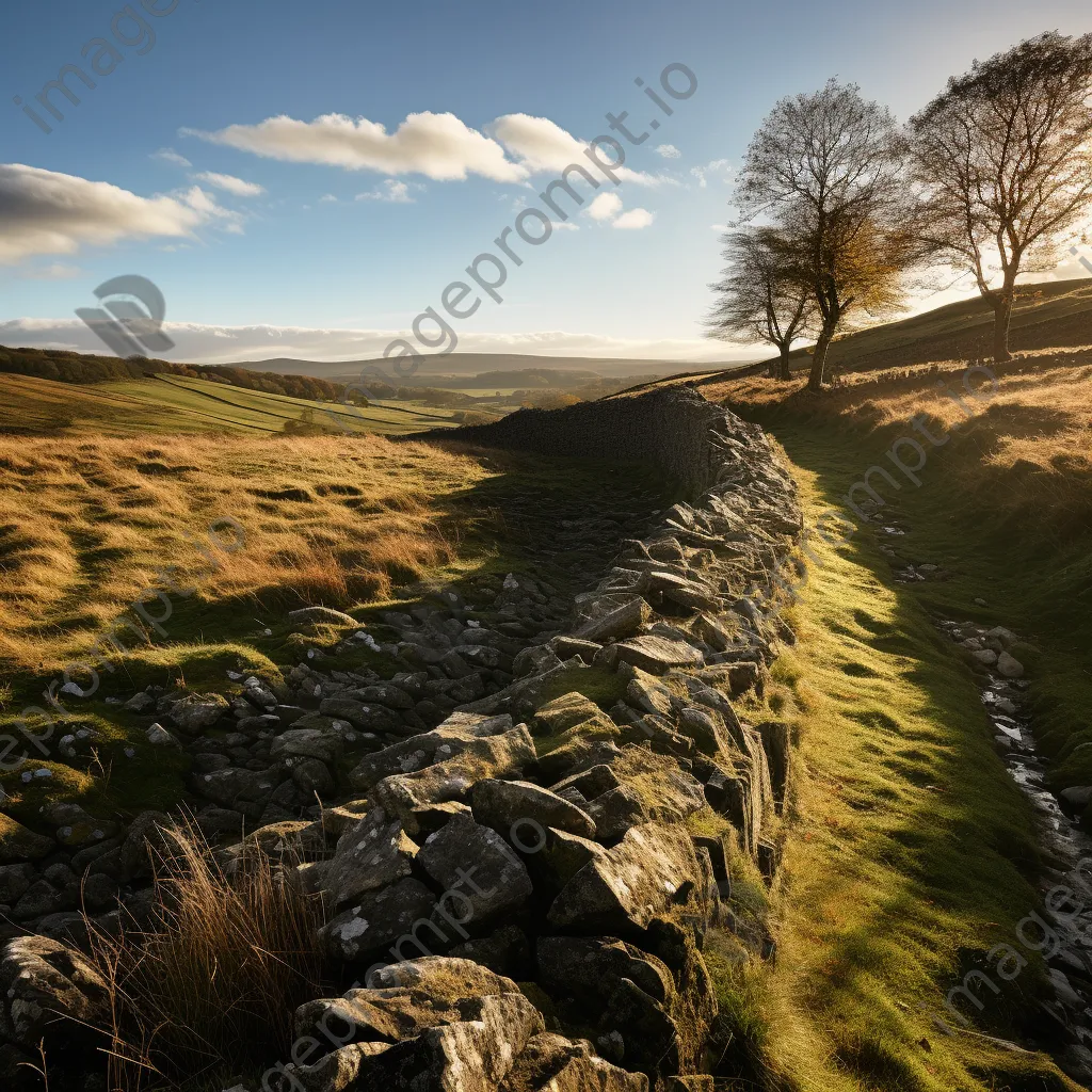 Panoramic view of a dry stone wall in rolling hills at sunset. - Image 4