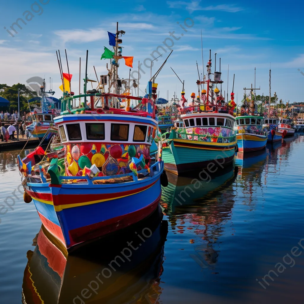 Fishing boats adorned for a festival at a lively harbor celebration. - Image 1