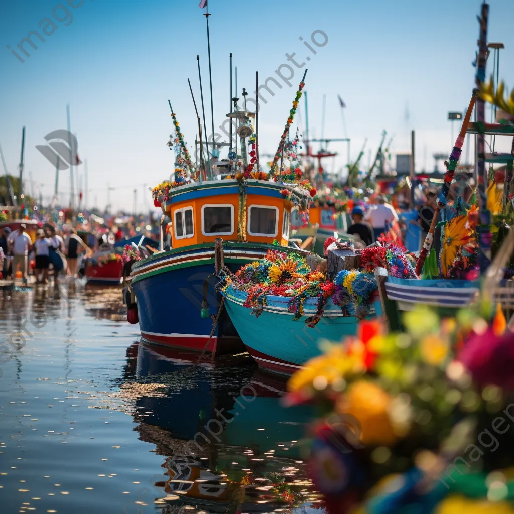 Fishing boats adorned for a festival at a lively harbor celebration. - Image 2